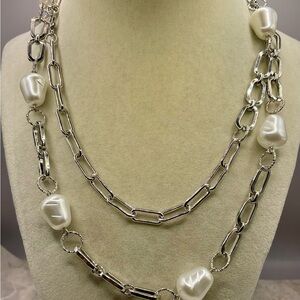 Long Silver Tone Paperclip & White Faux Pearl Necklace.36 inch w/3 inch extender